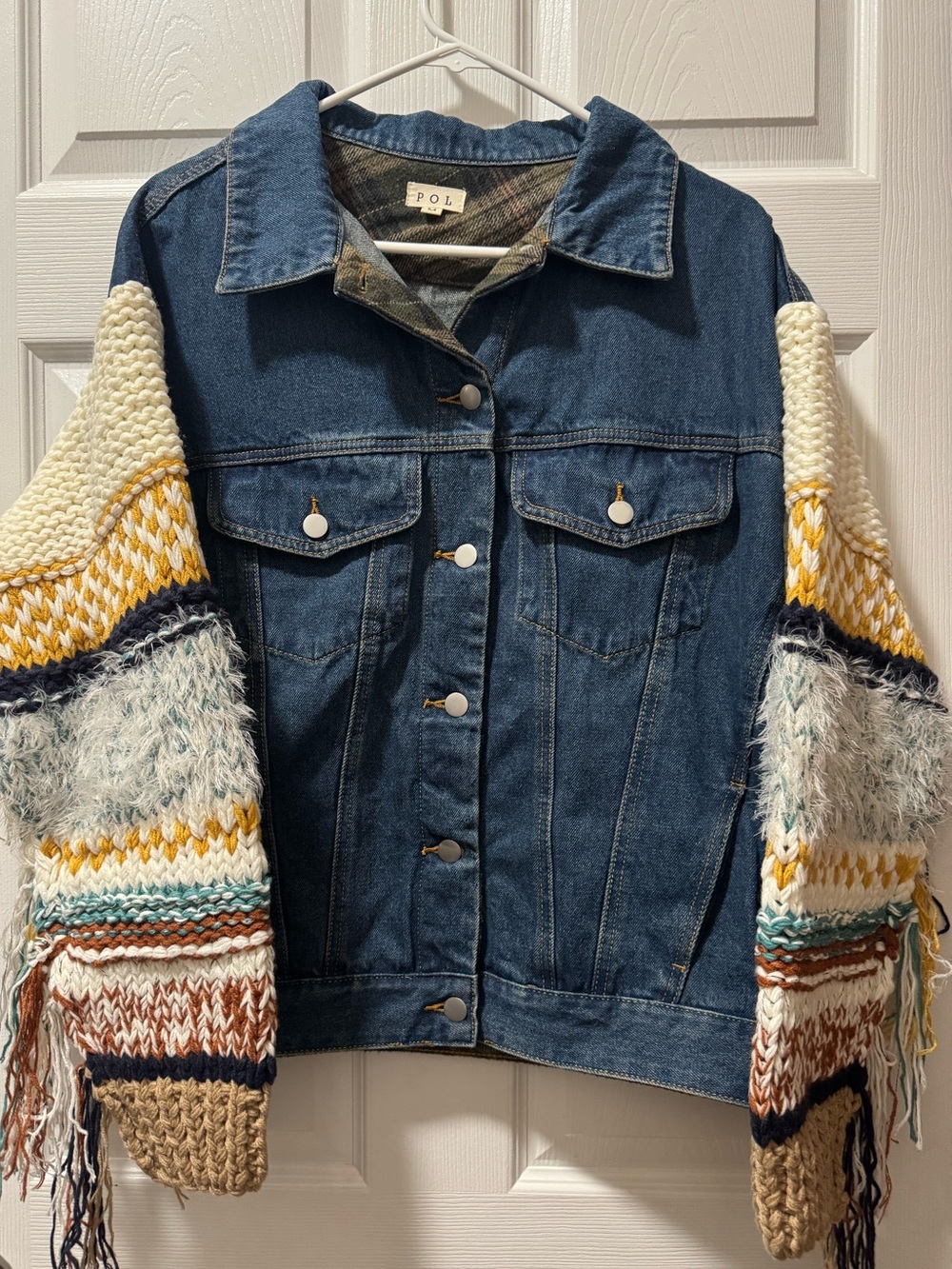 POL Blue Denim Jacket with Multicolor Knit Fringe Sleeves